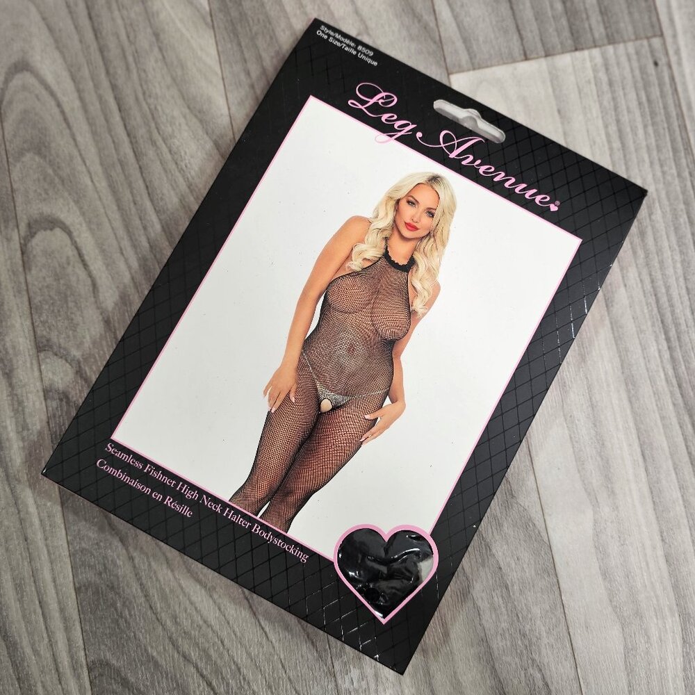 Leg Avenue Seamless Fishnet High Neck Halter Crotchless Bodystocking, One Size